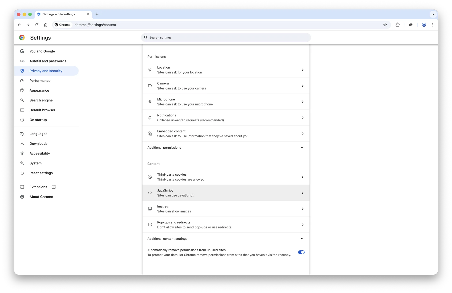 Chrome JavaScript permission page on macOS Sequoia showing the Default behavior radio buttons