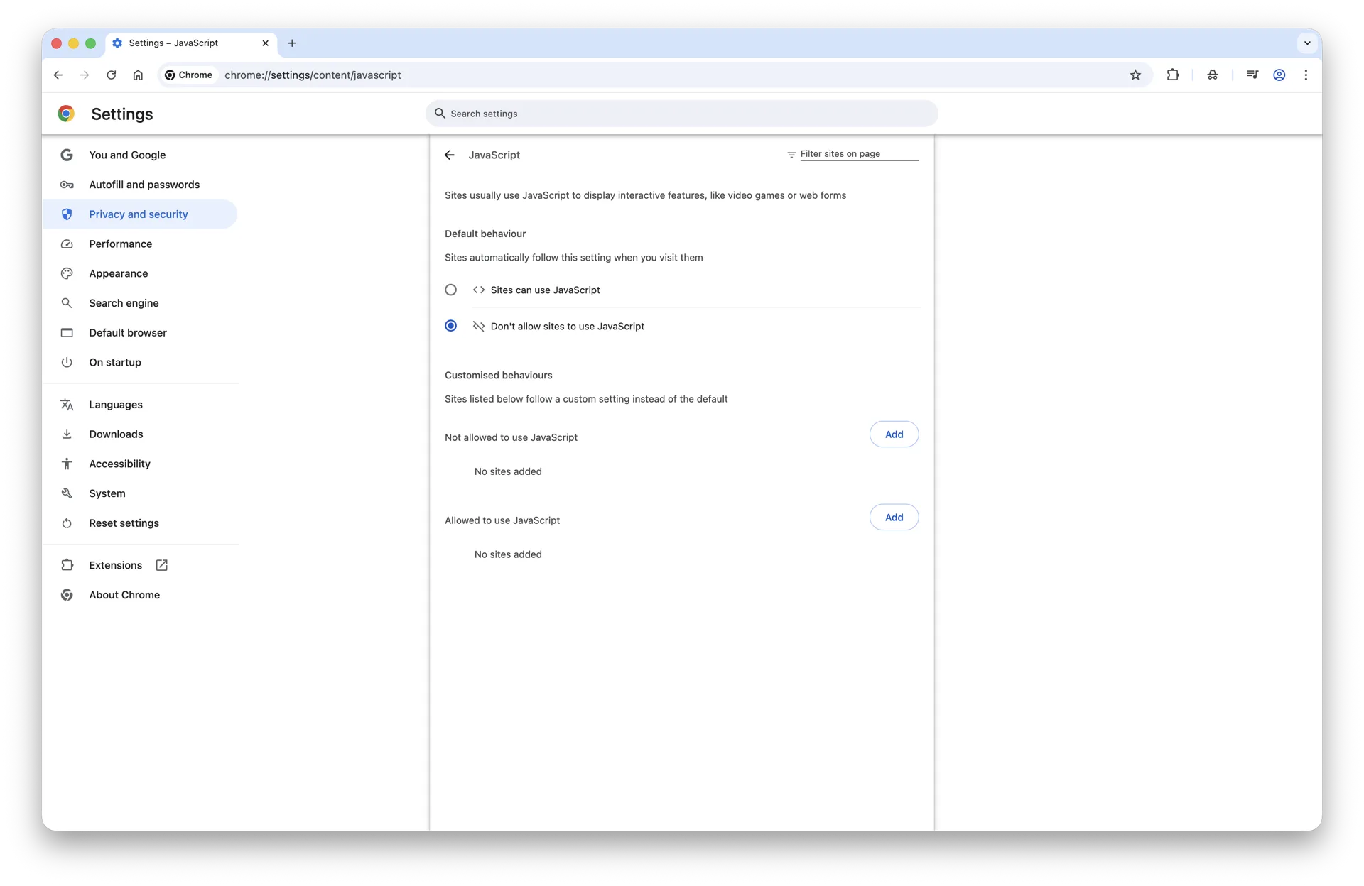 Chrome JavaScript settings on macOS Sequoia with Don't allow sites to use JavaScript selected, blocking the engine globally
