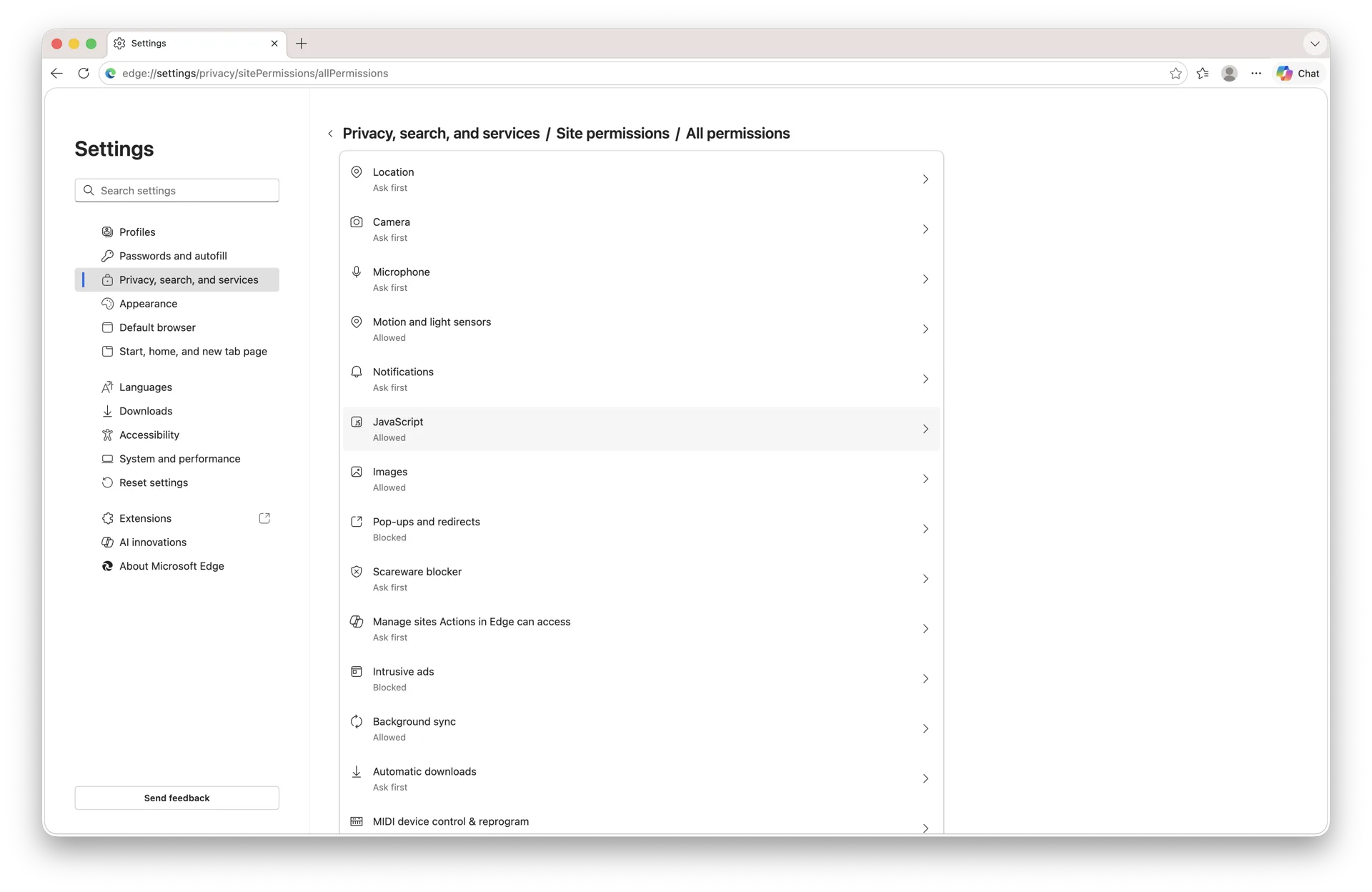 All permissions list inside Microsoft Edge on macOS Sequoia, JavaScript row visible