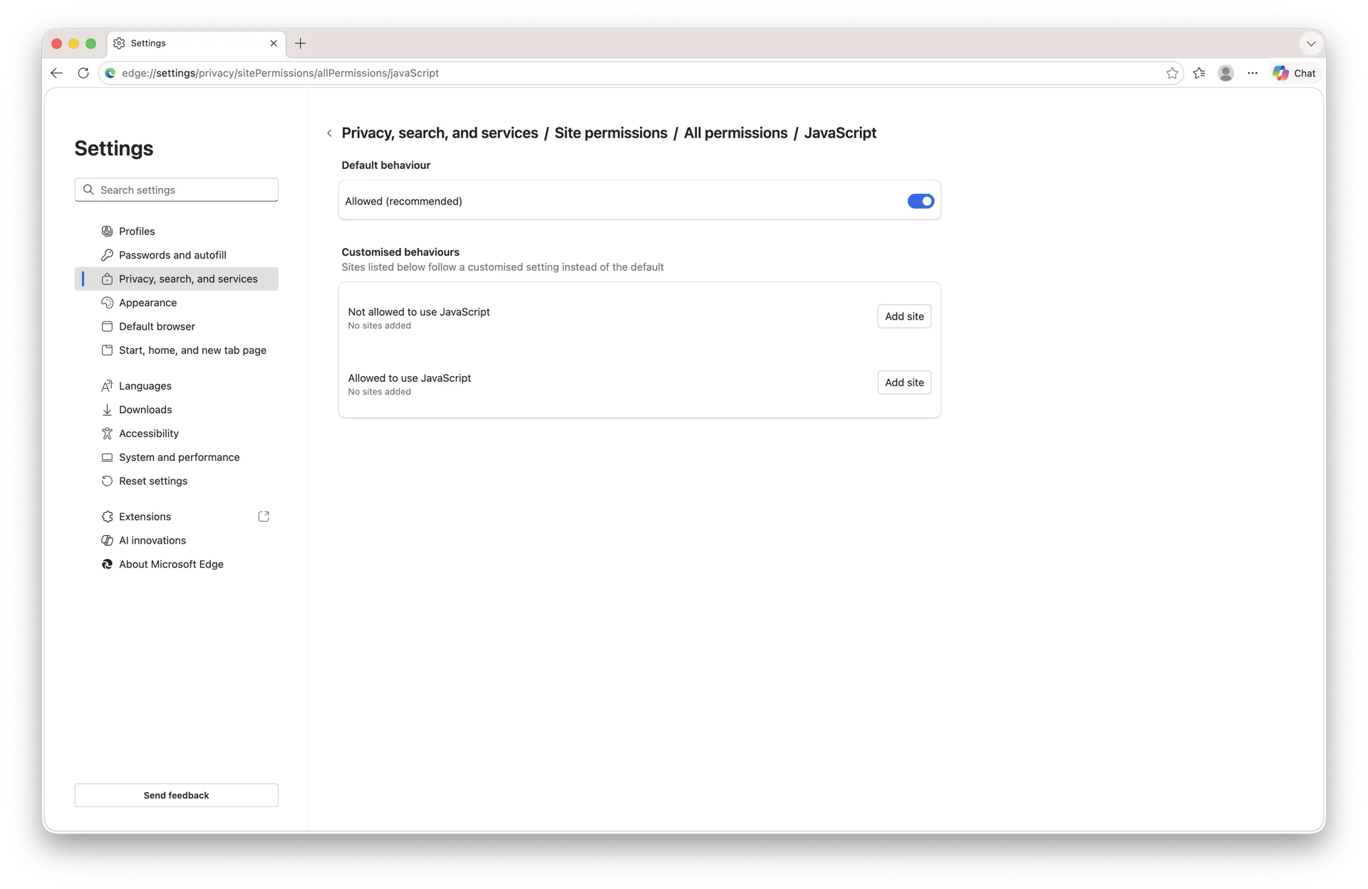 Microsoft Edge JavaScript settings page on macOS Sequoia with the toggle set to Allowed (recommended)