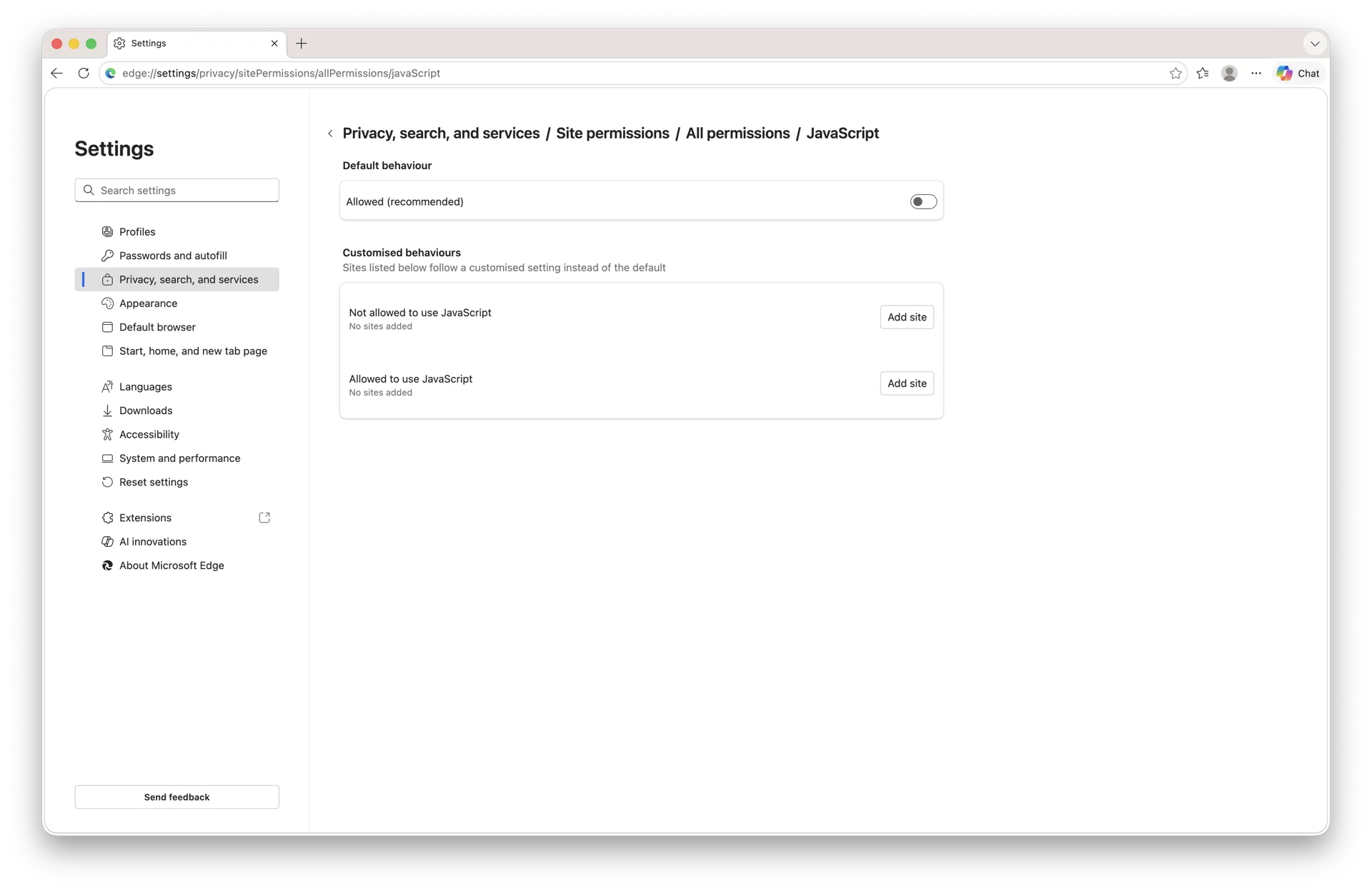Microsoft Edge JavaScript settings page on macOS Sequoia with the toggle set to Blocked