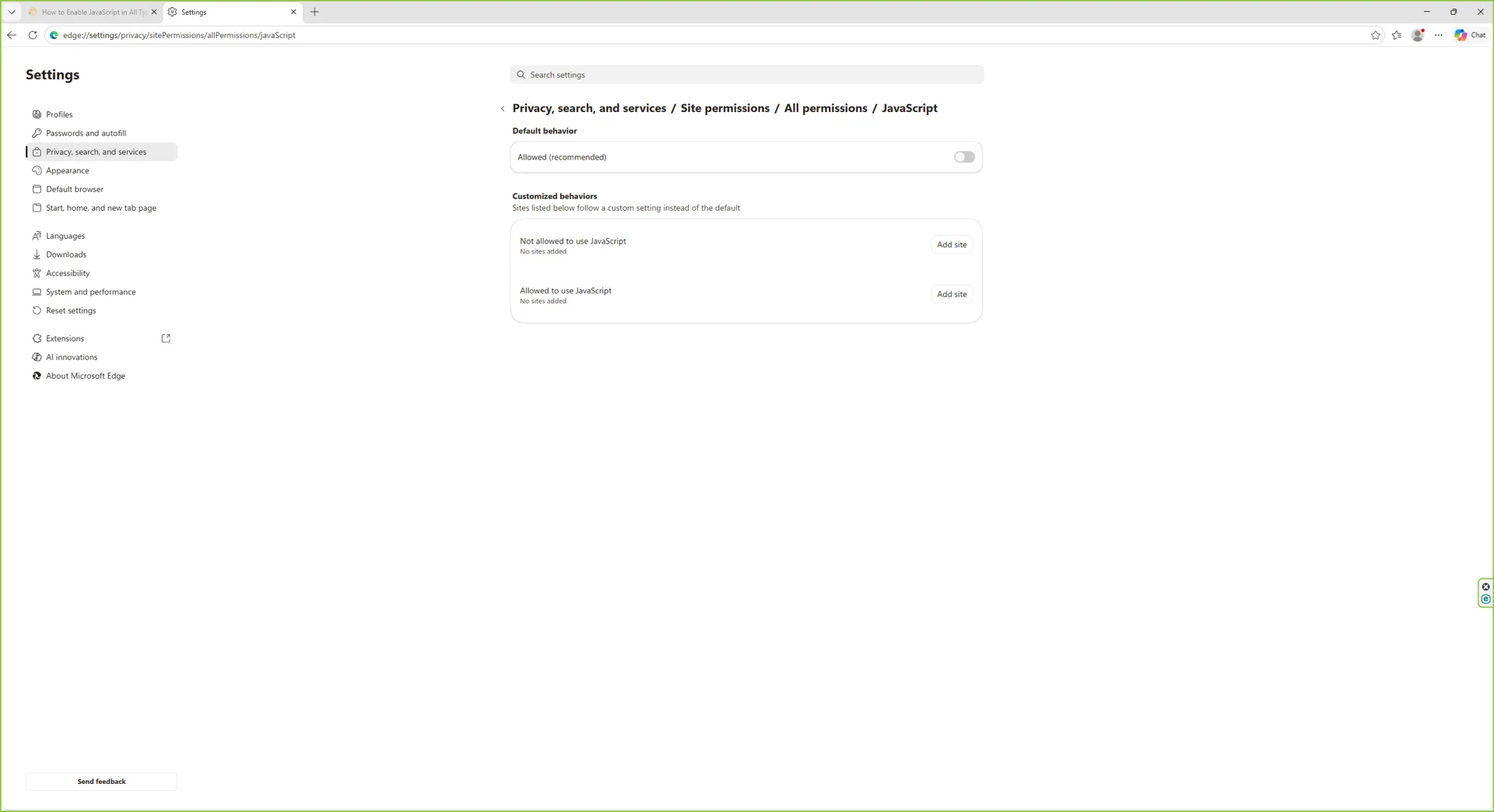Microsoft Edge JavaScript settings page with the toggle set to Blocked