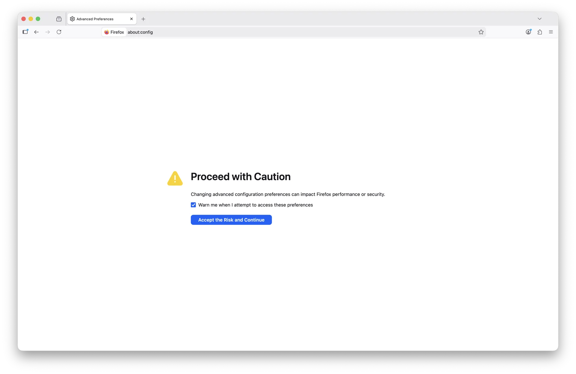 Firefox on macOS Sequoia with about:config typed in the address bar