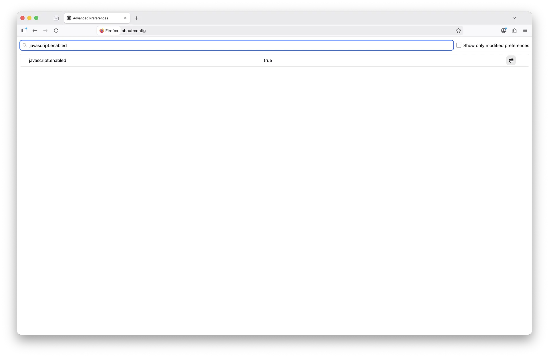 about:config on macOS Sequoia showing javascript.enabled set to true