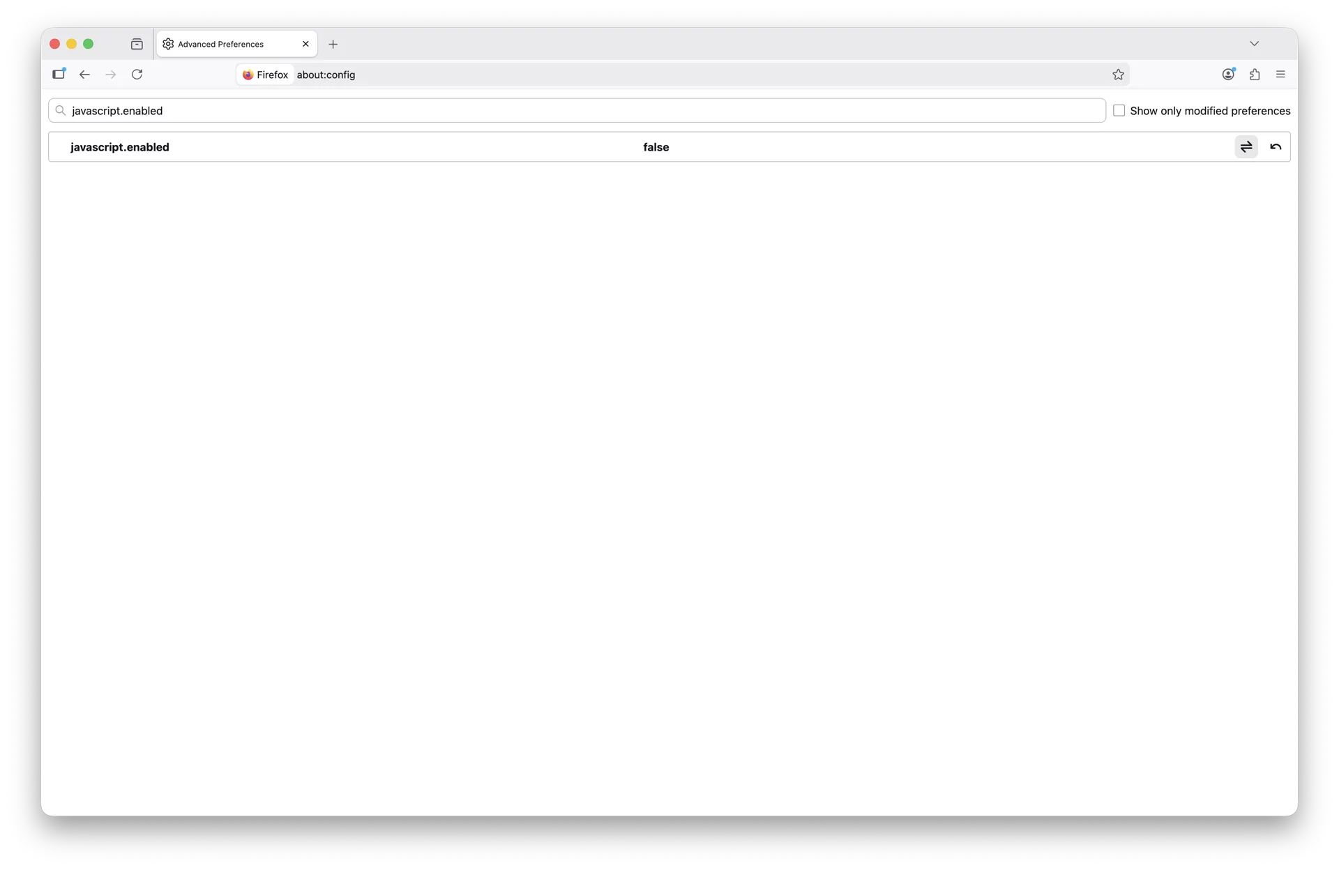 about:config on macOS Sequoia showing javascript.enabled set to false in bold text