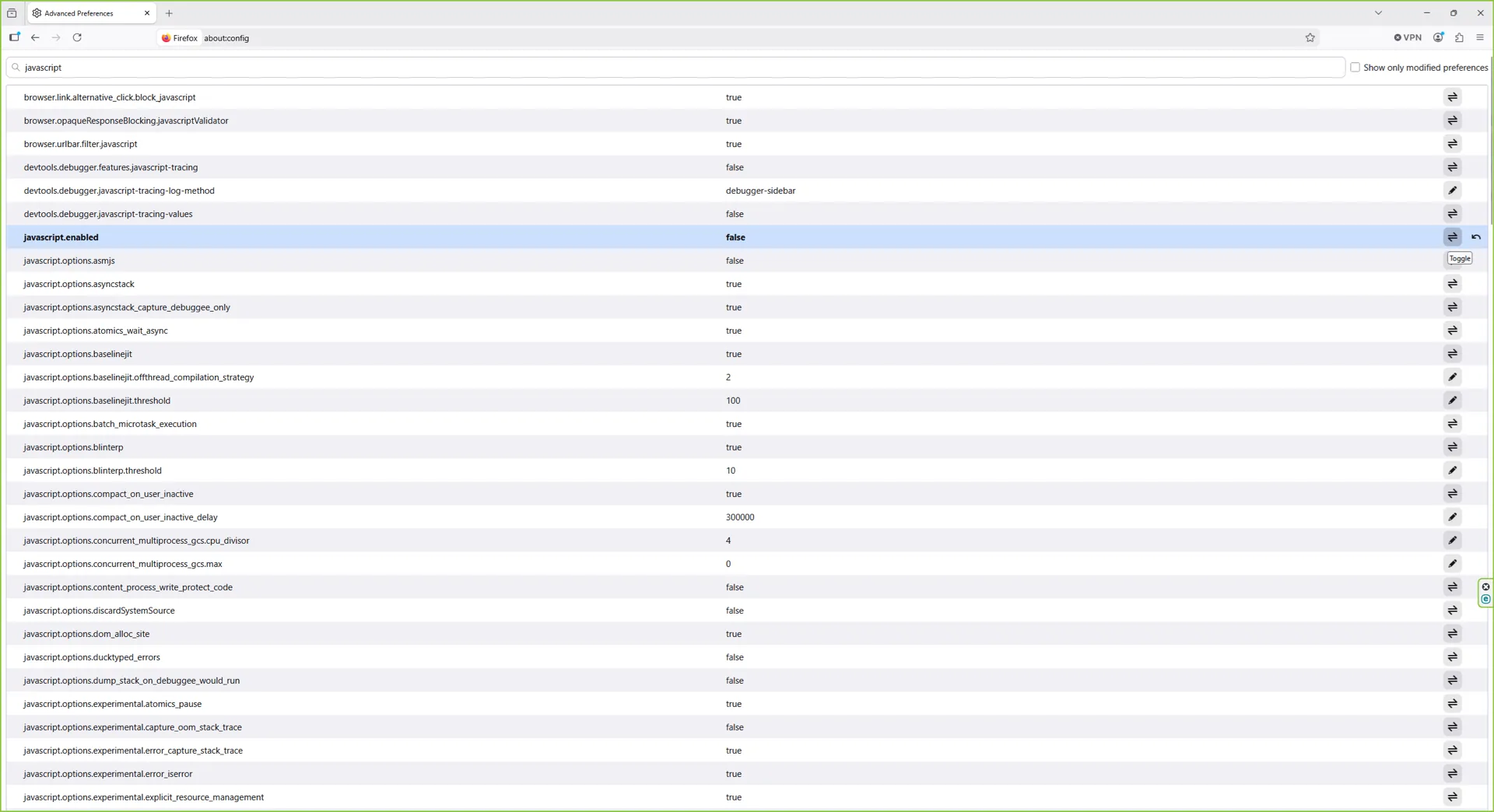 about:config row showing javascript.enabled set to false in bold text after toggling